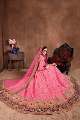 Pink Thread Embroidery Silk Semi Stitched Lehenga 4