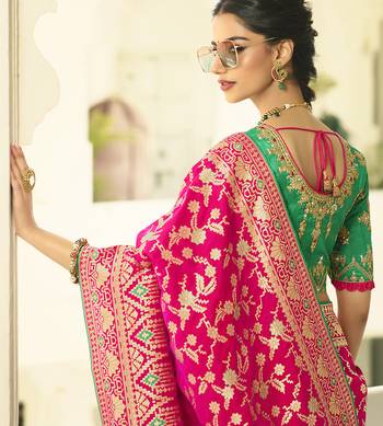 Dark Pink Embroidered Banarasi Silk Saree With Blouse 2