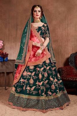 Green Thread Embroidery Silk Semi Stitched Lehenga 1