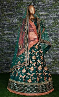 Green Thread Embroidery Silk Semi Stitched Lehenga 3