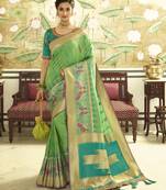 Parrot Green Embroidered Banarasi Silk Saree With Blouse