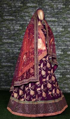 Purple Thread Embroidery Silk Semi Stitched Lehenga 3
