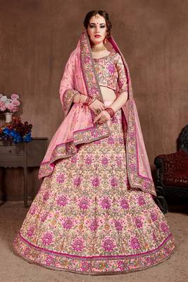 Pink Thread Embroidery Silk Semi Stitched Lehenga 1