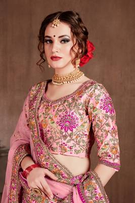 Pink Thread Embroidery Silk Semi Stitched Lehenga 3