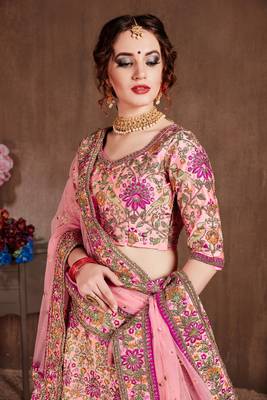 Pink Thread Embroidery Silk Semi Stitched Lehenga 4