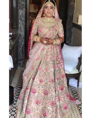 Pink Thread Embroidery Silk Semi Stitched Lehenga 1