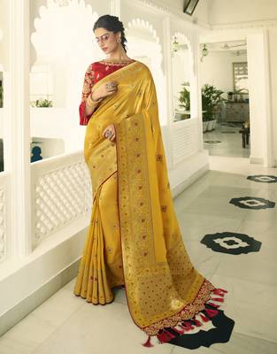 Mustard Embroidered Banarasi Silk Saree With Blouse 1
