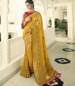 Mustard Embroidered Banarasi Silk Saree With Blouse