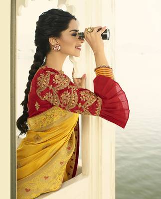 Mustard Embroidered Banarasi Silk Saree With Blouse 3