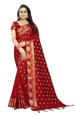 Red embroidered banarasi saree with blouse 1