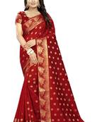 Red embroidered banarasi saree with blouse
