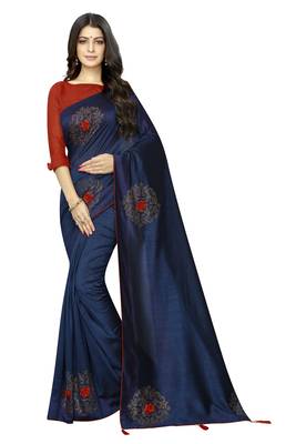 Navy Blue Embroidered Silk Saree With Blouse 1