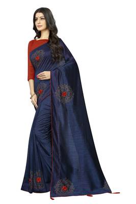 Navy Blue Embroidered Silk Saree With Blouse 2