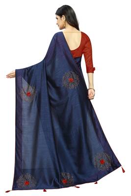 Navy Blue Embroidered Silk Saree With Blouse 3