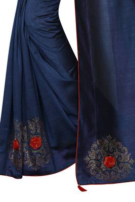 Navy Blue Embroidered Silk Saree With Blouse 4