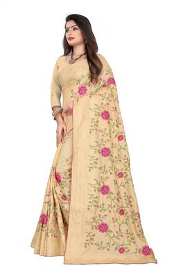 Beige Embroidered Silk Saree With Blouse 2
