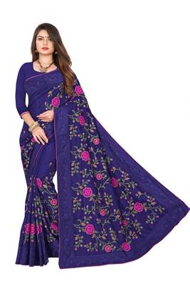 Navy Blue Embroidered Silk Saree With Blouse 1