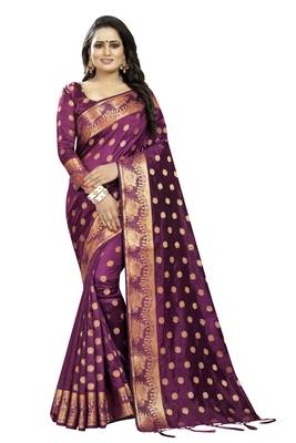 Wine Embroidered Banarasi Saree With Blouse 1
