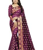 Wine Embroidered Banarasi Saree With Blouse