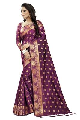 Wine Embroidered Banarasi Saree With Blouse 2