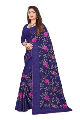 Navy Blue Embroidered Silk Saree With Blouse 2