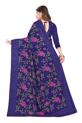 Navy Blue Embroidered Silk Saree With Blouse 3