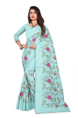 Sky Blue Embroidered Silk Saree With Blouse 1