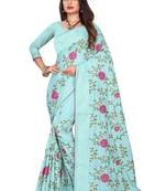 Sky Blue Embroidered Silk Saree With Blouse