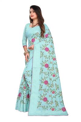 Sky Blue Embroidered Silk Saree With Blouse 2