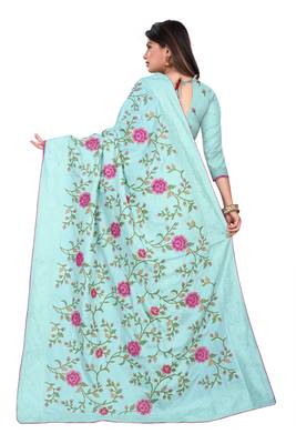 Sky Blue Embroidered Silk Saree With Blouse 3
