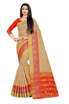 Beige Woven Cotton Silk Saree With Blouse 1