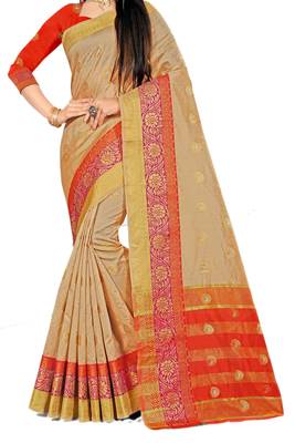 Beige Woven Cotton Silk Saree With Blouse 2