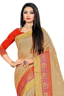 Beige Woven Cotton Silk Saree With Blouse 3