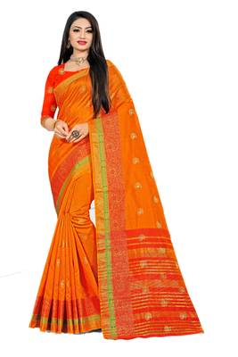 Orange Woven Cotton Silk Saree With Blouse 1