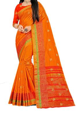 Orange Woven Cotton Silk Saree With Blouse 2