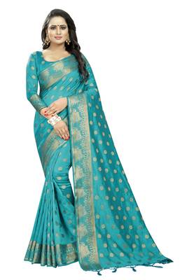 Turquoise embroidered banarasi saree with blouse 1