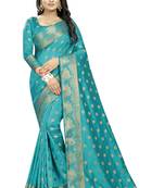 Turquoise embroidered banarasi saree with blouse