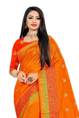 Orange Woven Cotton Silk Saree With Blouse 3