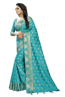 Turquoise embroidered banarasi saree with blouse 2