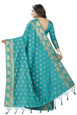 Turquoise embroidered banarasi saree with blouse 3