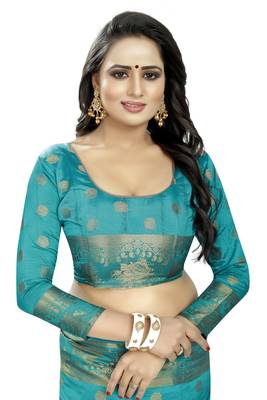 Turquoise embroidered banarasi saree with blouse 4