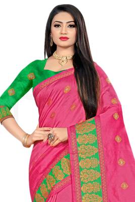 Pink Woven Cotton Silk Saree With Blouse 3