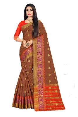 Brown Woven Cotton Silk Saree With Blouse 1