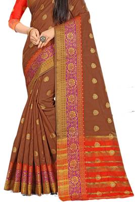 Brown Woven Cotton Silk Saree With Blouse 2