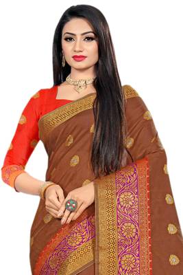 Brown Woven Cotton Silk Saree With Blouse 3