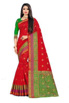 Red Woven Cotton Silk Saree With Blouse 1