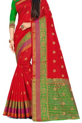 Red Woven Cotton Silk Saree With Blouse 2