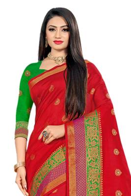 Red Woven Cotton Silk Saree With Blouse 3