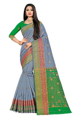 Grey Woven Cotton Silk Saree With Blouse 1