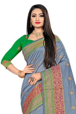 Grey Woven Cotton Silk Saree With Blouse 3